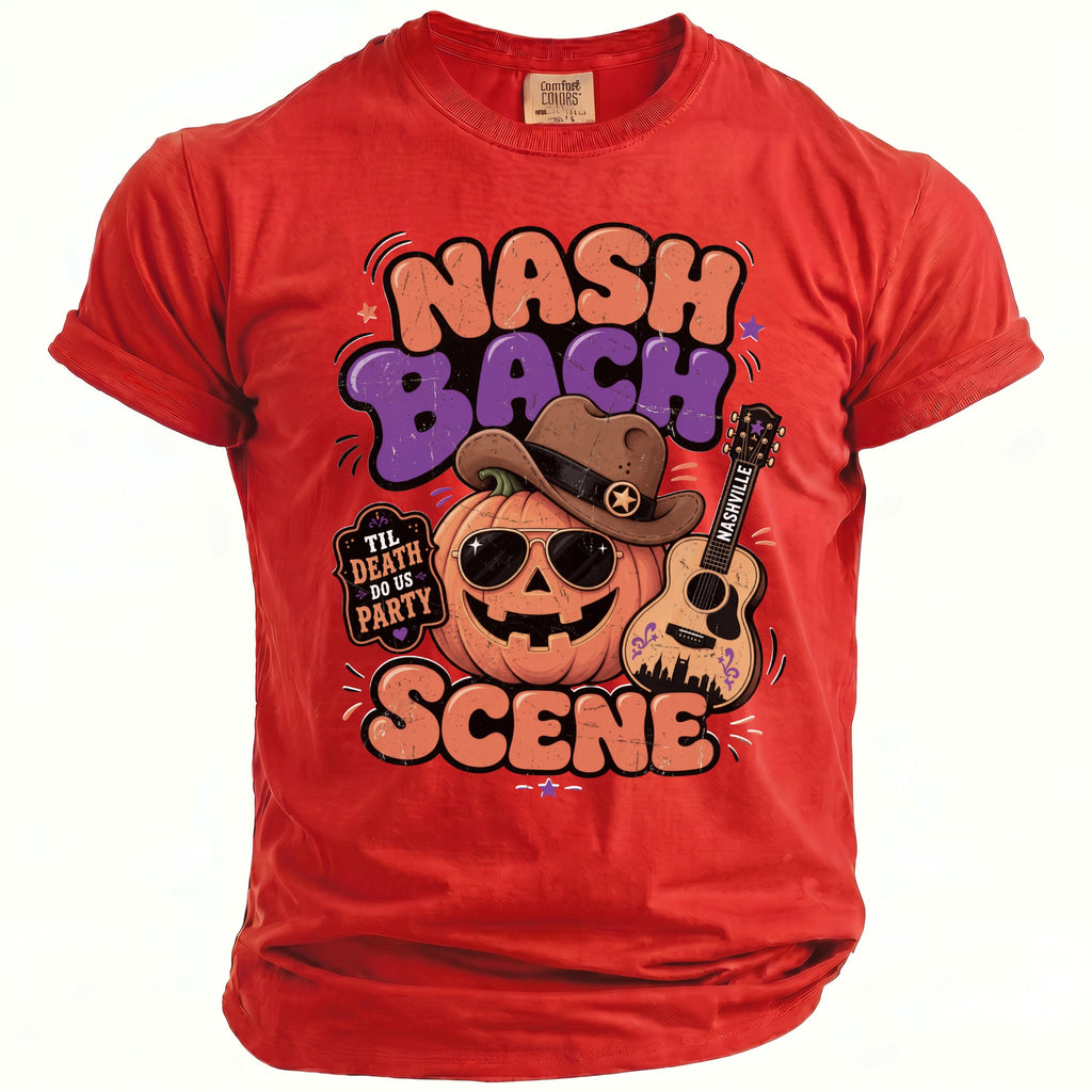Red shirt with "Nash Bach Scene" text, smiling pumpkin, and guitar graphic.