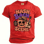 Red shirt with "Nash Bach Scene" text, smiling pumpkin, and guitar graphic.