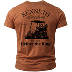 Brown t-shirt with black graphic: KENNETH Last Swing, Miami FL, golf cart, and Before the Ring EST 2026.