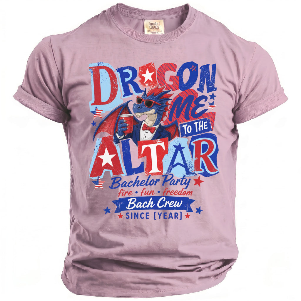 T-shirt with a graphic of a dragon dressed in a suit, holding a drink, with text "Dragon Me To The Altar".