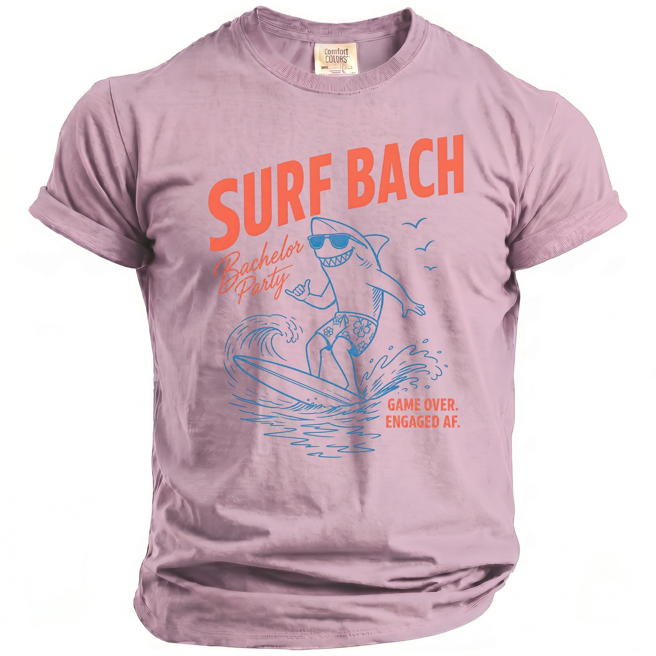 T-shirt with "Surf Bach Bachelor Party" graphic of a shark surfing.