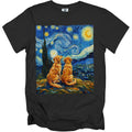 Black t-shirt with Van Gogh's Starry Night painting featuring two golden retrievers.
