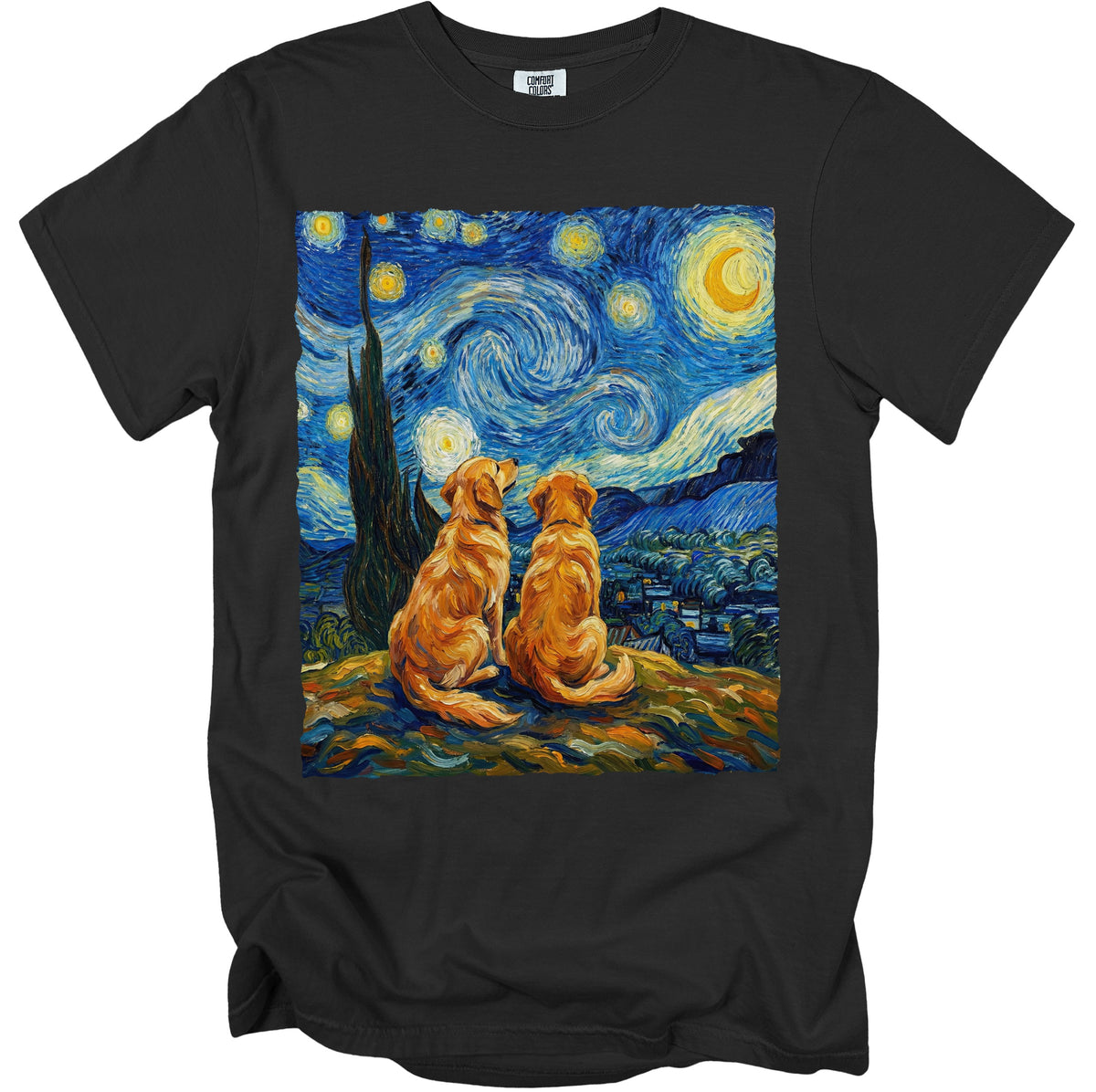 Black t-shirt with Van Gogh's Starry Night painting featuring two golden retrievers.