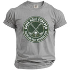 Grey t-shirt with "Same Hole Forever Bachelor Golf Weekend 2026" graphic.