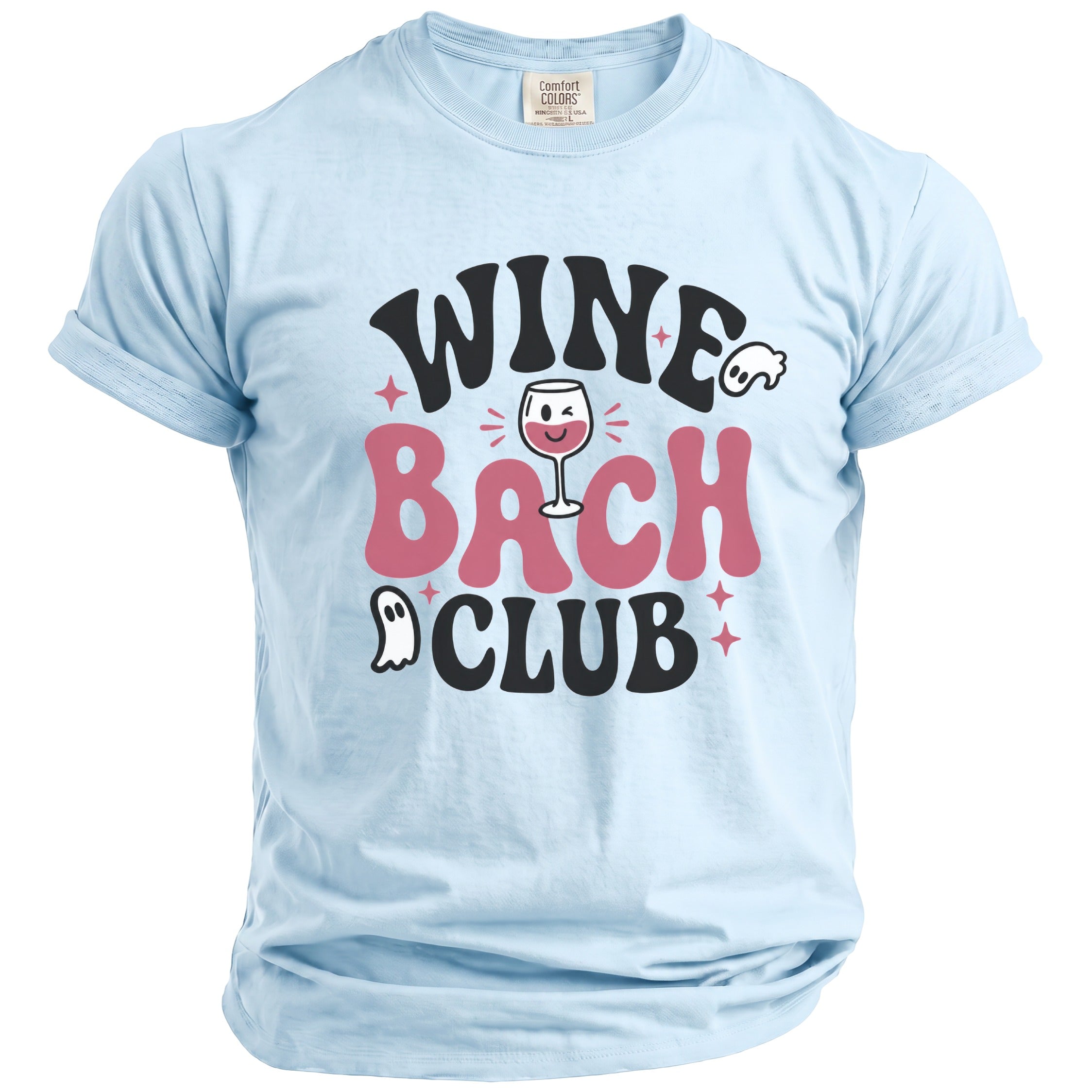 Light blue t-shirt with "WINE BACH CLUB" text and ghost graphics.