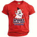 Red t-shirt with a ghost groom graphic and "Spooky Booze Crew Tyler's Bachelor Bash" text.