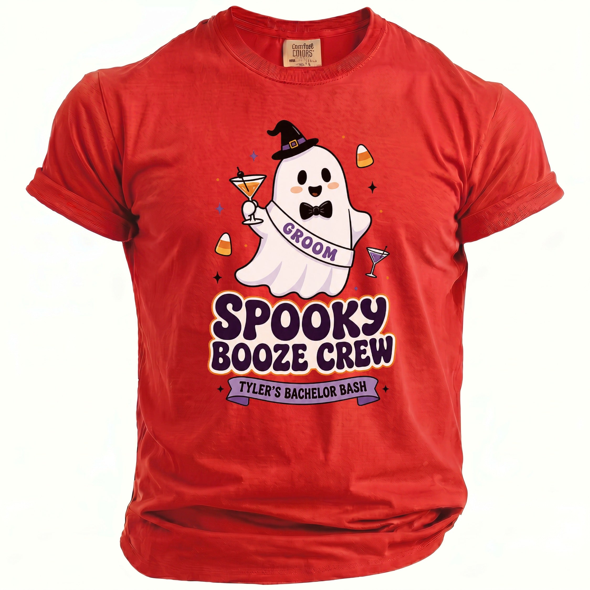 Red t-shirt with a ghost groom graphic and "Spooky Booze Crew Tyler's Bachelor Bash" text.