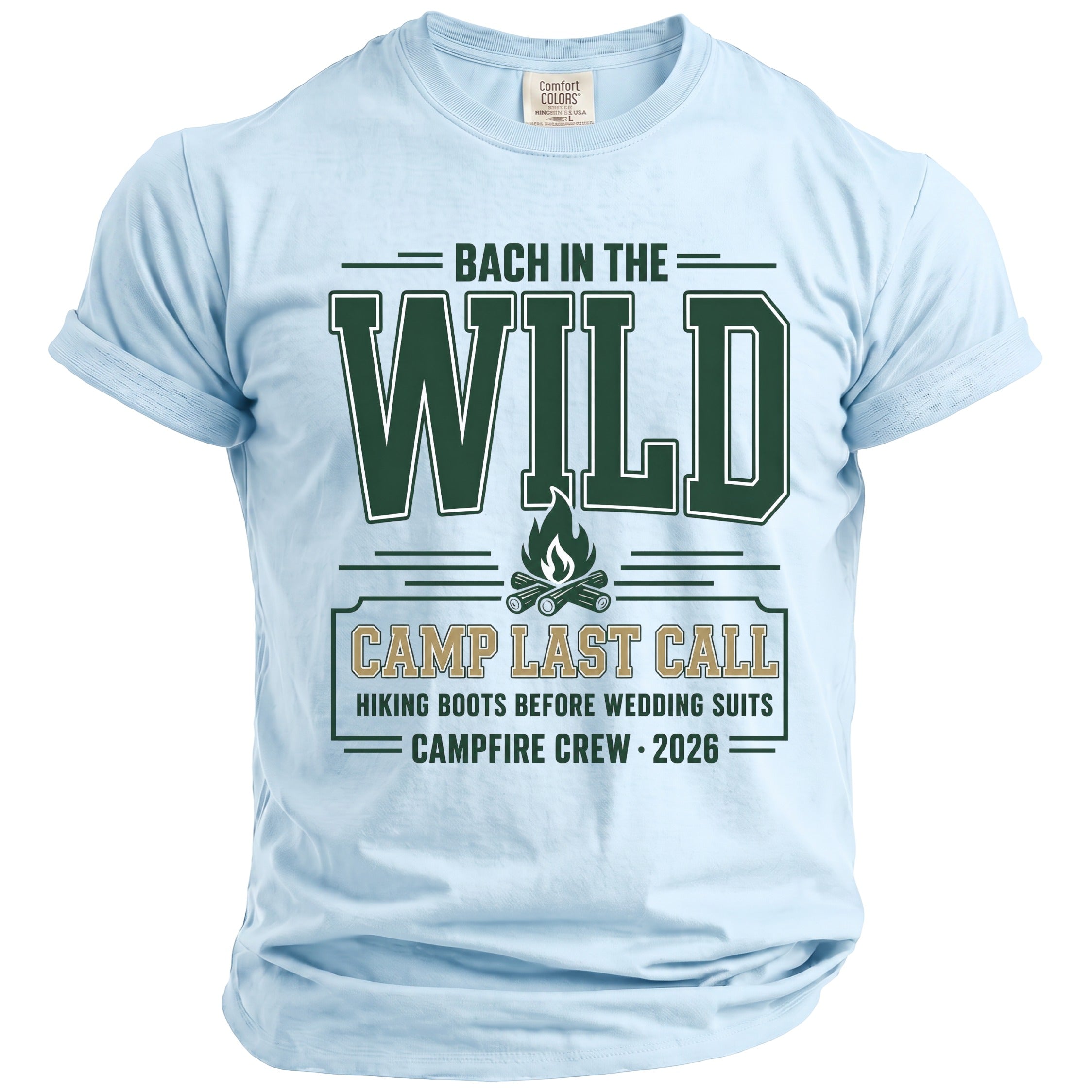 Light blue t-shirt with "Bach in the Wild" and "Camp Last Call" text.