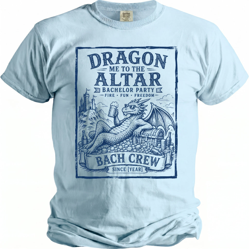Light blue t-shirt with text "Dragon Me to the Altar Bachelor Party Bach Crew".