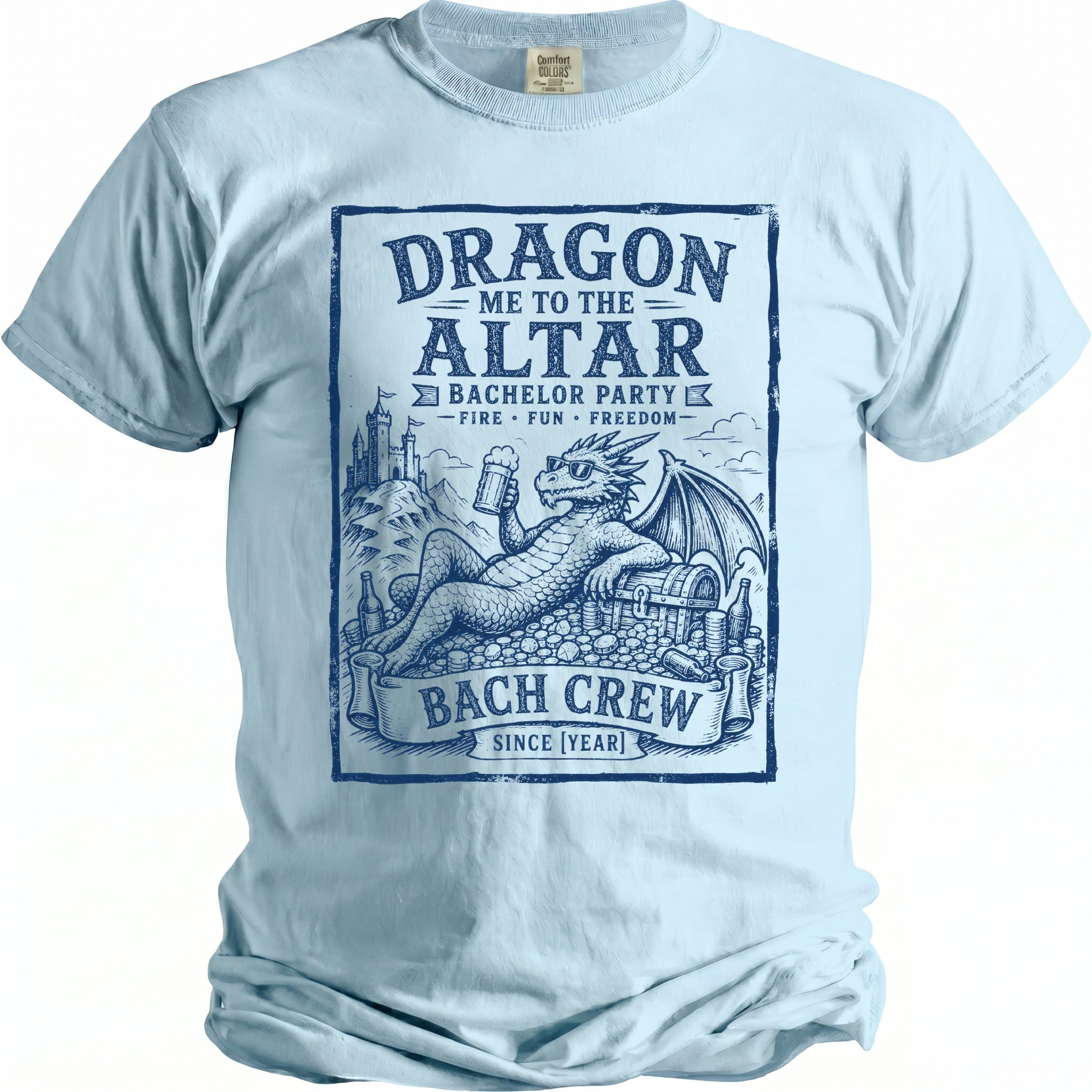 Light blue t-shirt with text "Dragon Me to the Altar Bachelor Party Bach Crew".