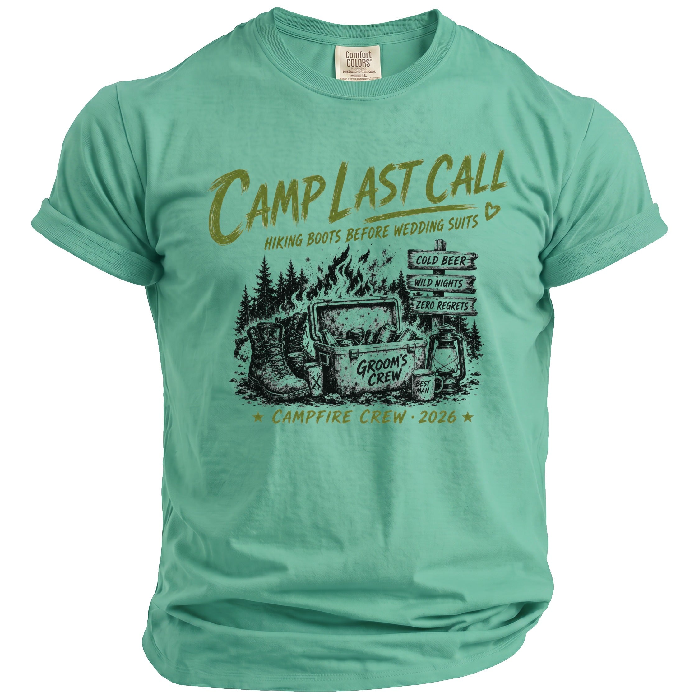 Green t-shirt with "Camp Last Call" and graphics of boots, cooler, and campfire.
