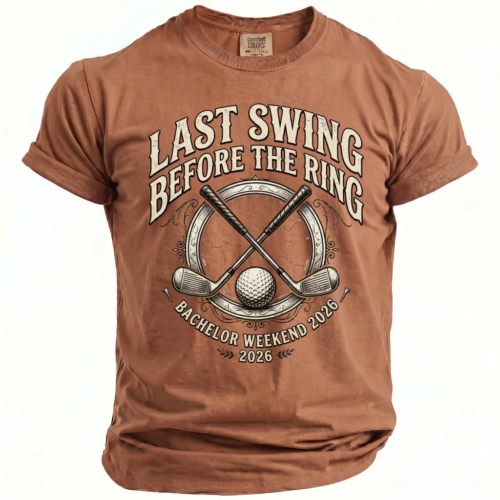 Brown t-shirt with "LAST SWING BEFORE THE RING" and golf theme.