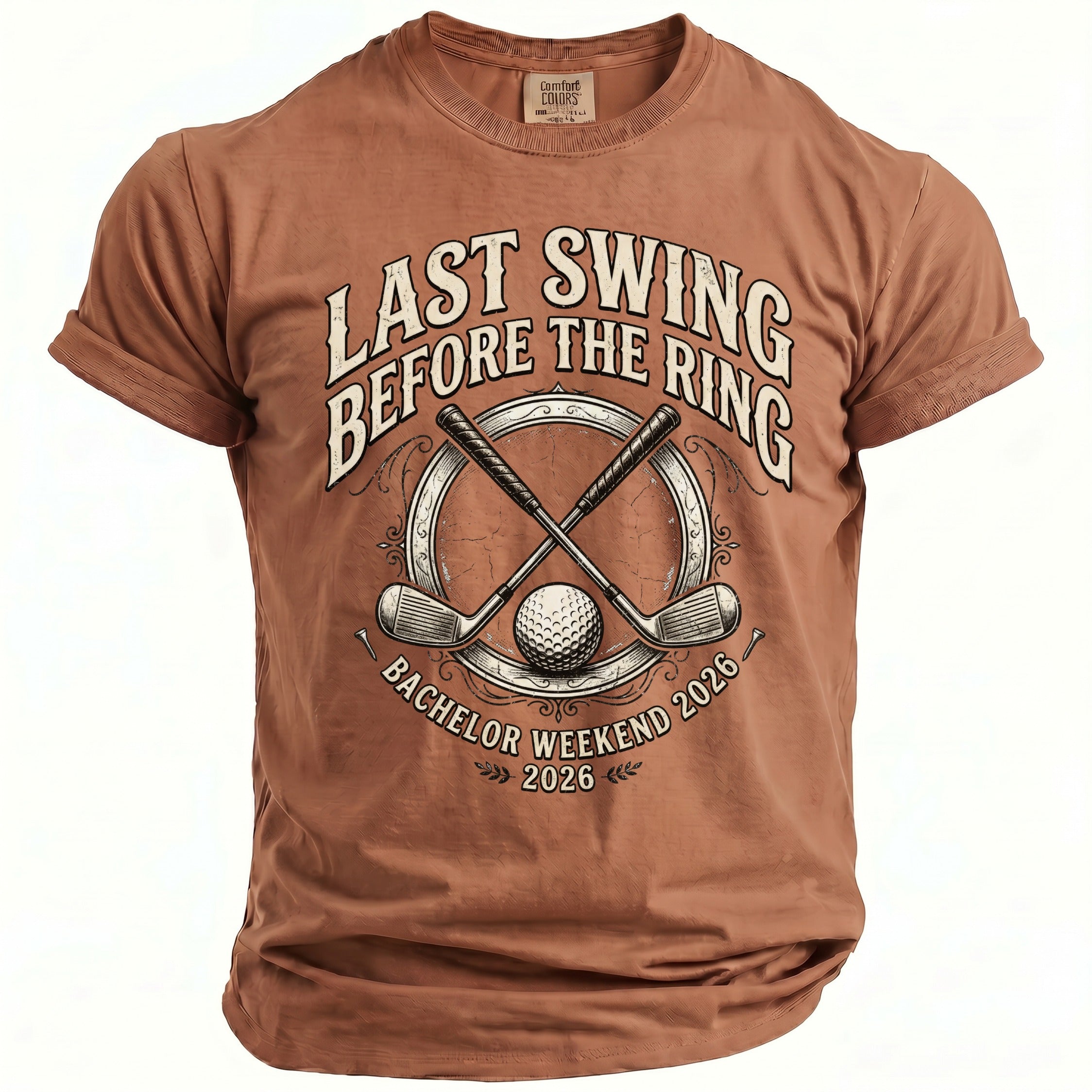 Brown t-shirt with "LAST SWING BEFORE THE RING" and golf theme.