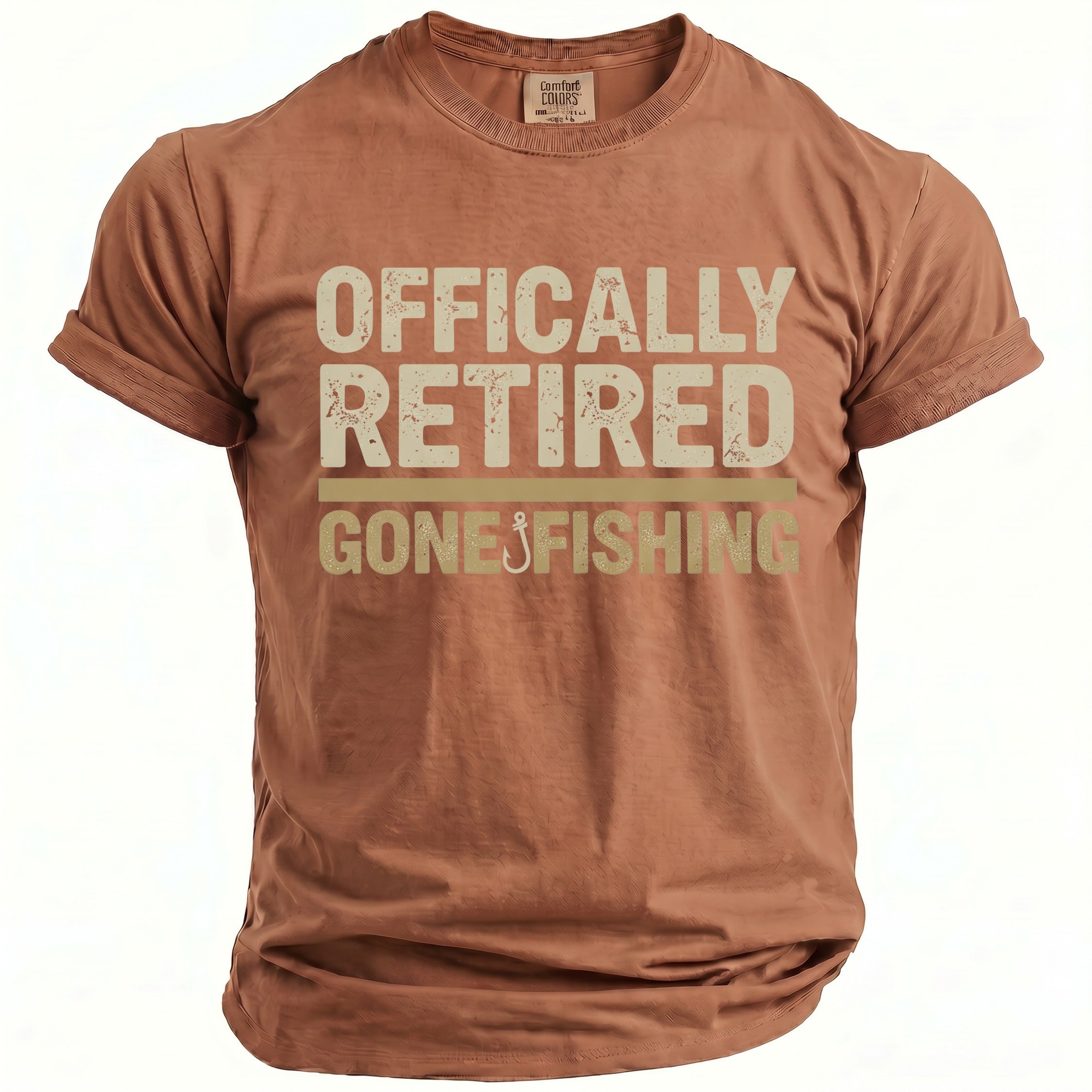 Brown t-shirt with "Officially Retired Gone Fishing" printed on it.