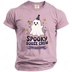 Lavender t-shirt with a ghost wearing a party hat and holding a drink, text says "Spooky Booze Crew Tyler's Bachelor Bash."