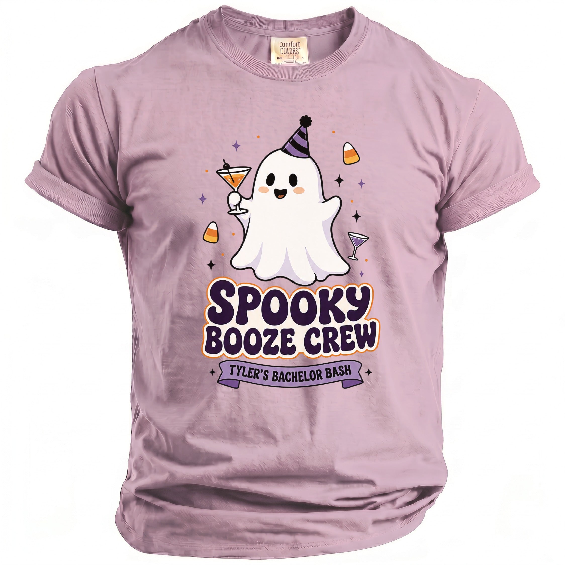 Lavender t-shirt with a ghost wearing a party hat and holding a drink, text says "Spooky Booze Crew Tyler's Bachelor Bash."