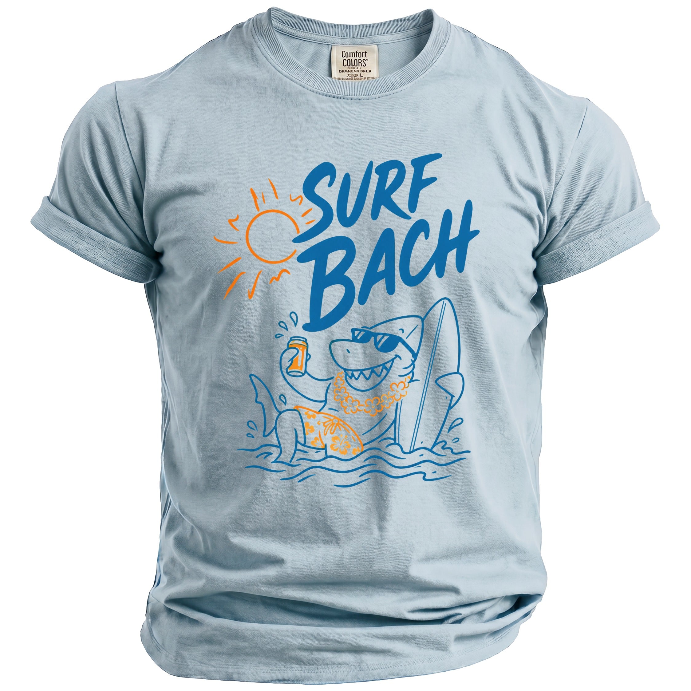 Light blue t-shirt with cartoon shark, sun, and "Surf Bach" text.