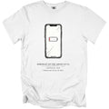 White t-shirt with sketch of phone showing 1% battery and text.