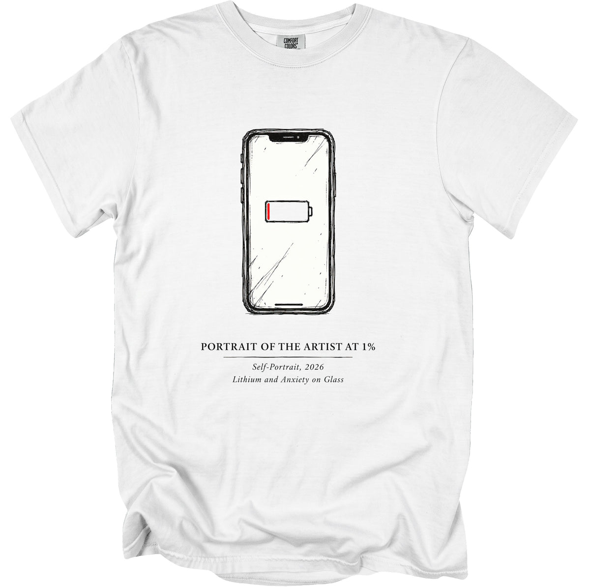 White t-shirt with sketch of phone showing 1% battery and text.