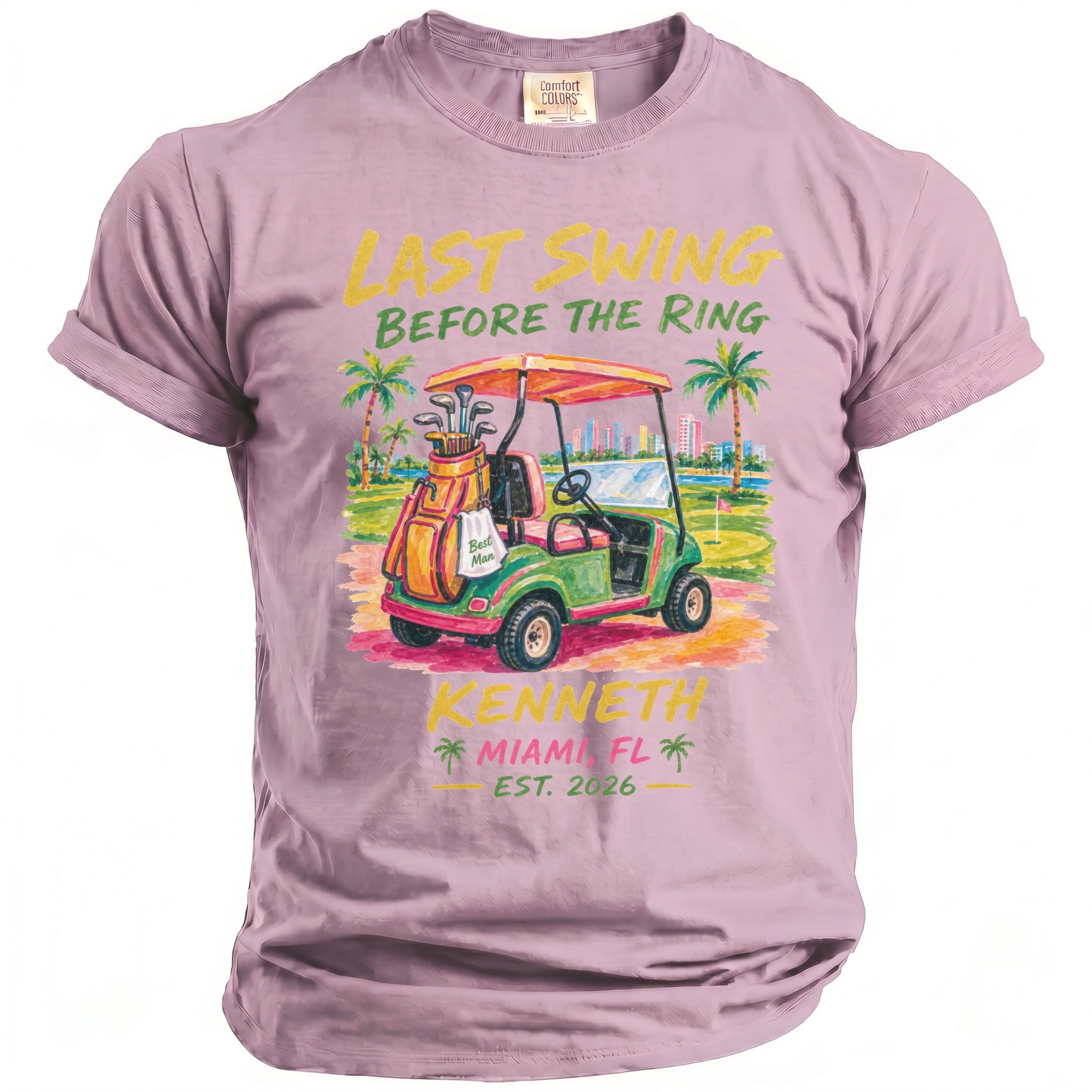 T-shirt with "Last Swing Before the Ring", golf cart, and "Kenneth Miami FL Est. 2026".