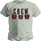 Light gray t-shirt with "CREW" in fiery letters above three red devil masks.