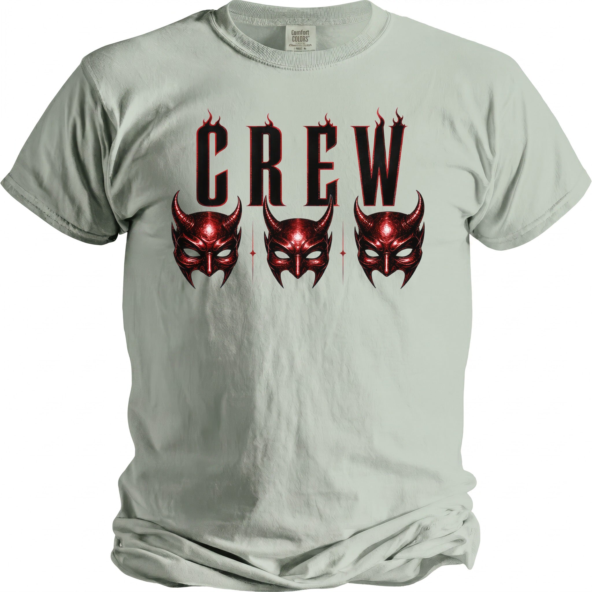 Light gray t-shirt with "CREW" in fiery letters above three red devil masks.
