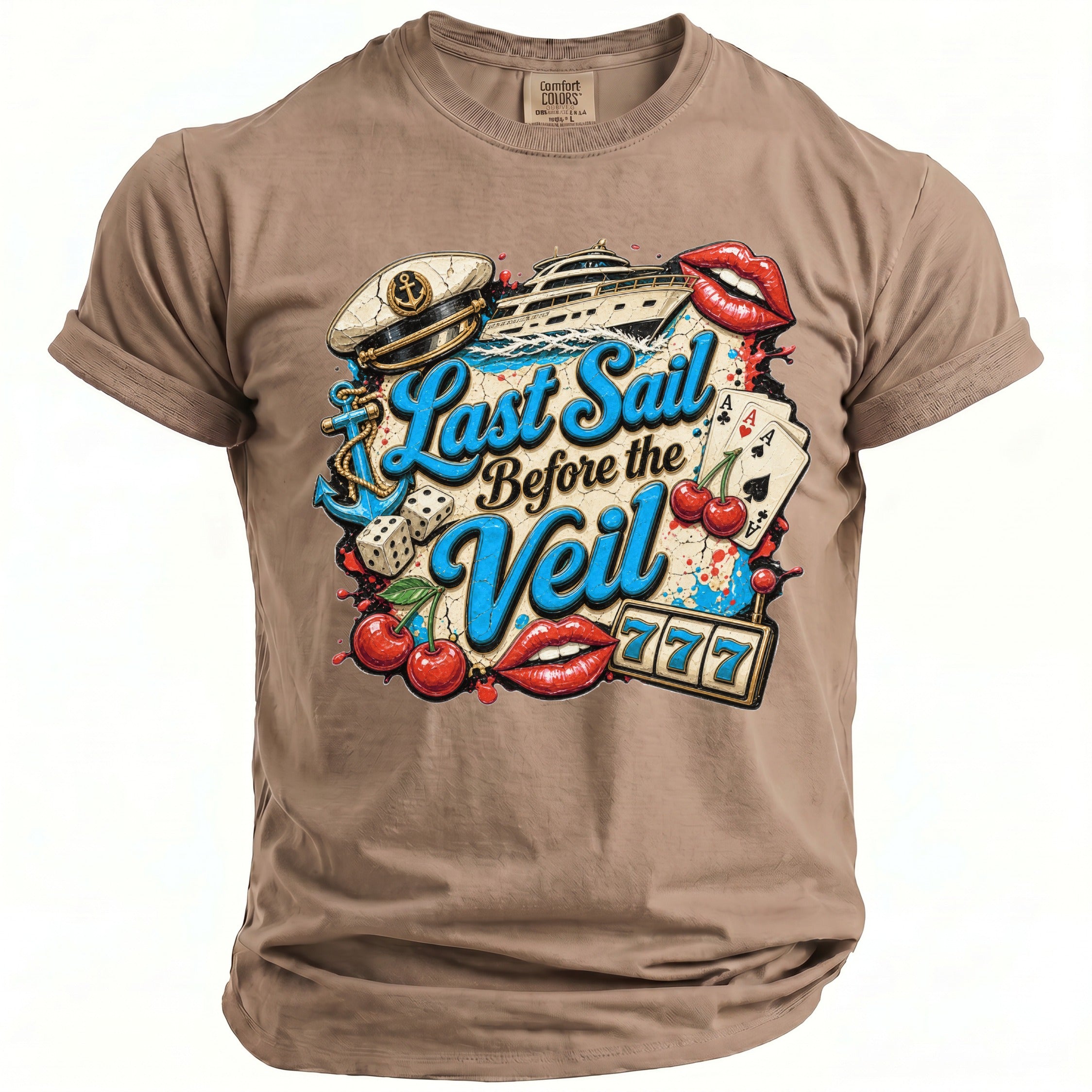 Tan crewneck t-shirt featuring a Last Sail Before the Veil graphic design with nautical and casino motifs.