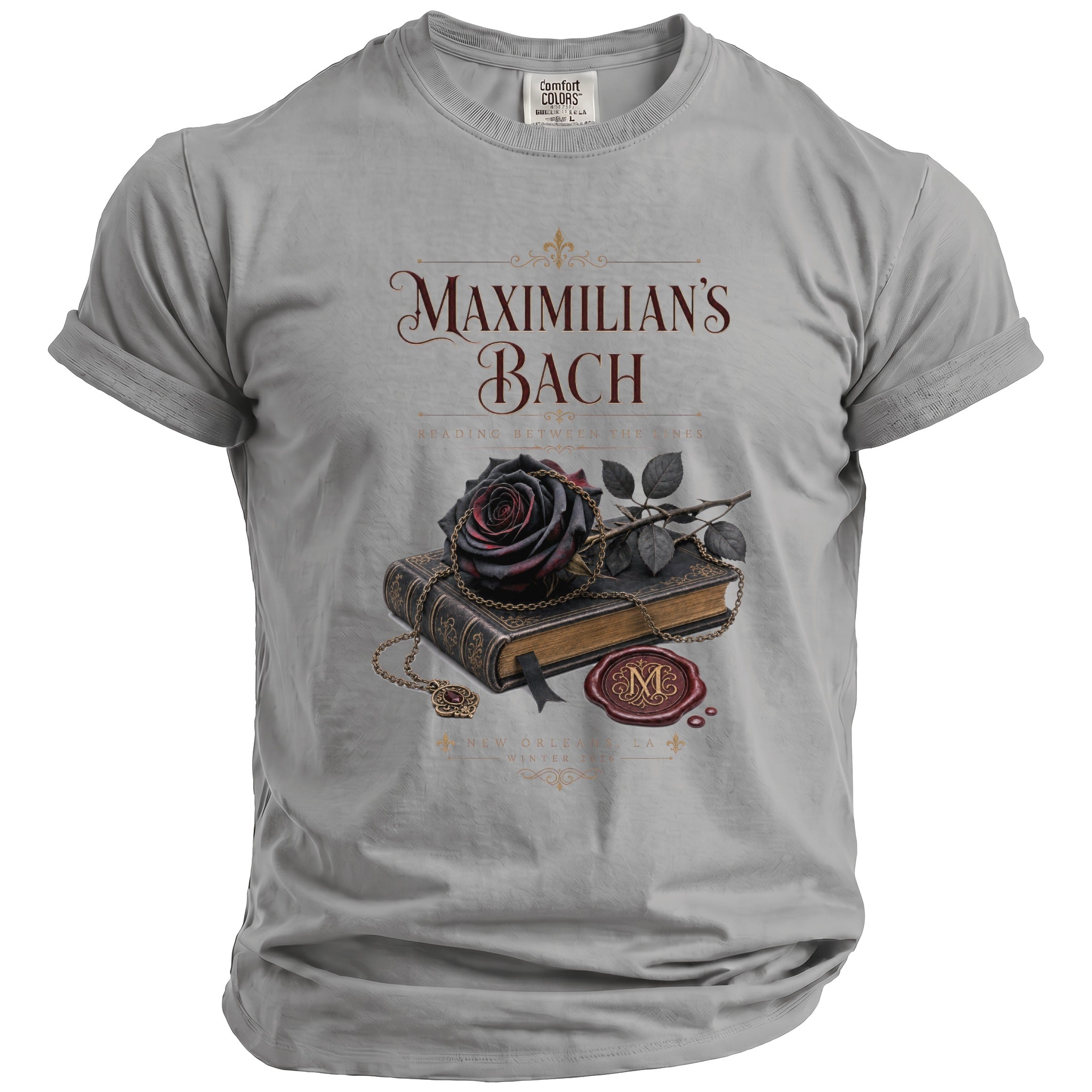 Gray t-shirt with Maximilian's Bach design featuring a book, black rose, and necklace.