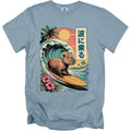 Capybara surfing a wave with Japanese text, palm trees, hibiscus flowers.