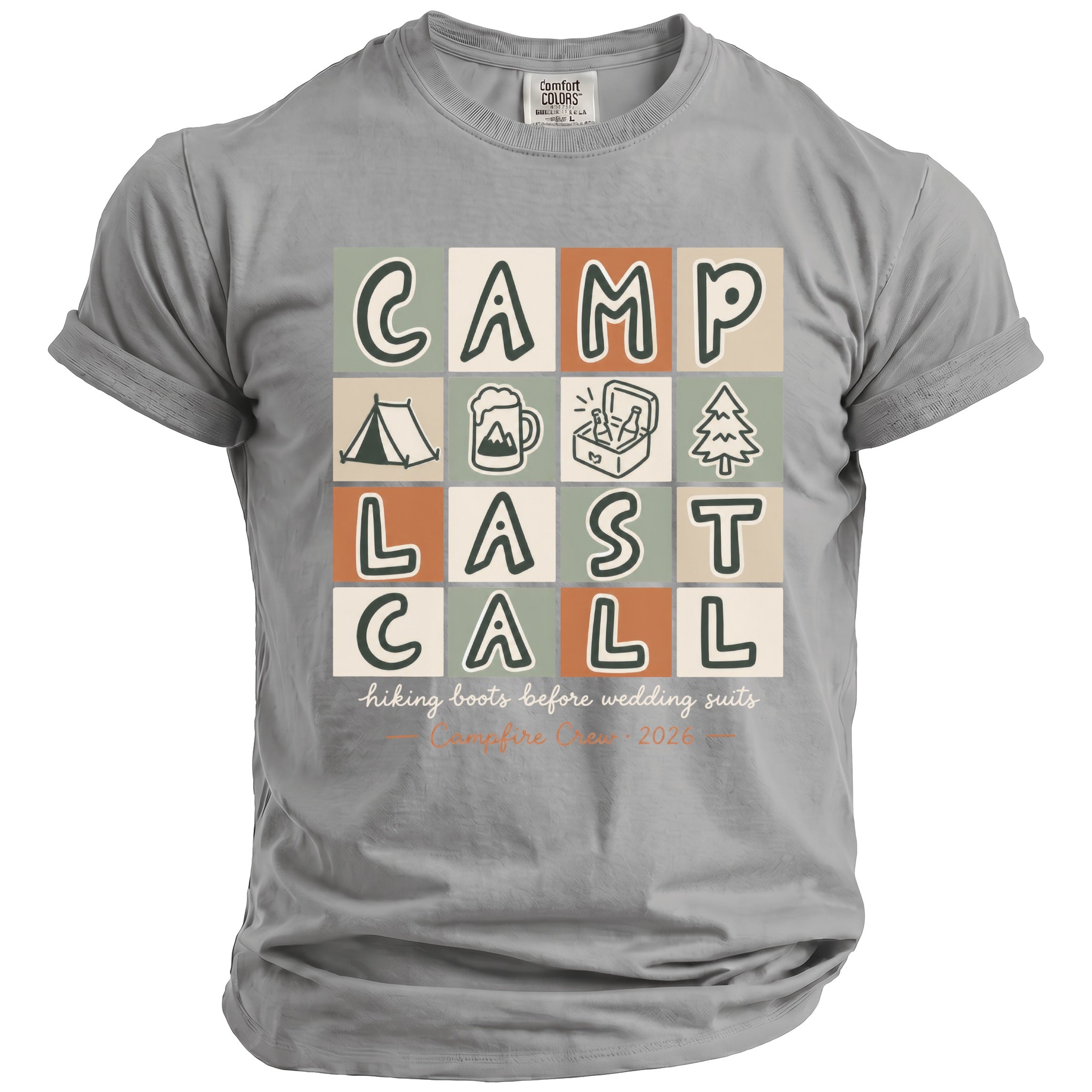 Camp Last Call graphic tee with tent, beer, cooler, and tree icons.