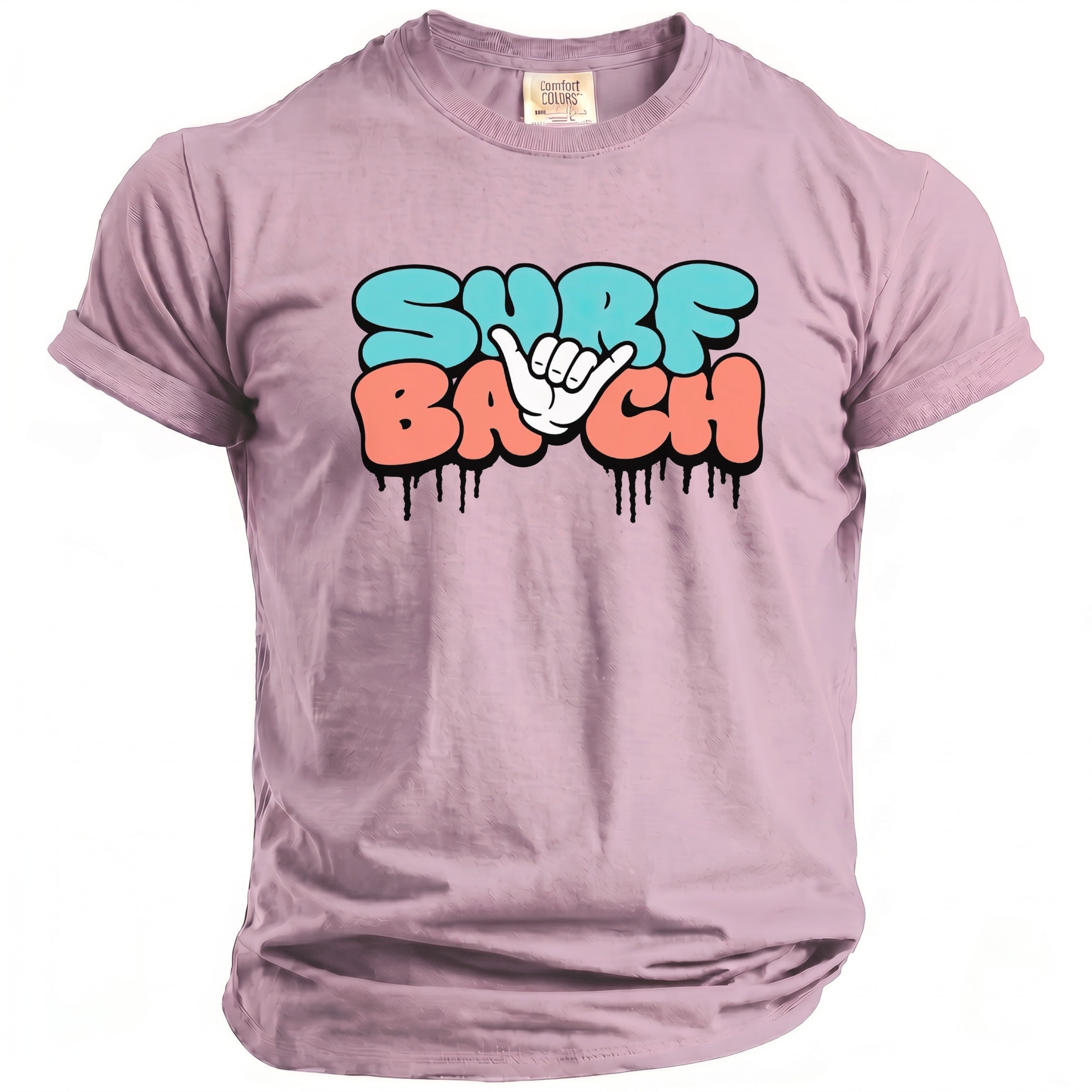Pink t-shirt with "SURF BACH" text and a shaka hand gesture graphic.