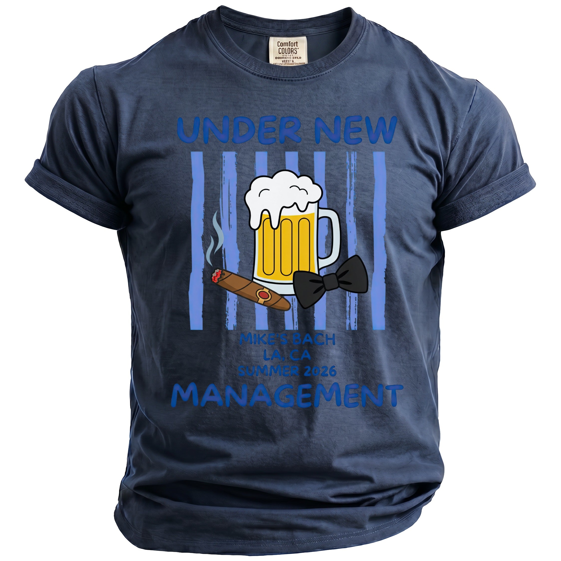 Dark blue t-shirt with "Under New Management" text, beer, cigar, and bow tie.