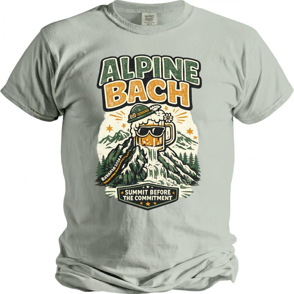 T-shirt with graphic "Alpine Bach" beer mug on mountain, text: Bavaria 2026, Summit Before The Commitment.