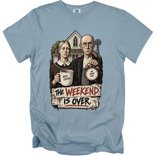 Illustration of "American Gothic" figures with "The Weekend Is Over" text.