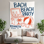 "Bach Beach Party" personalized tapestry with cooler, palm tree, beach ball, and sunglasses.