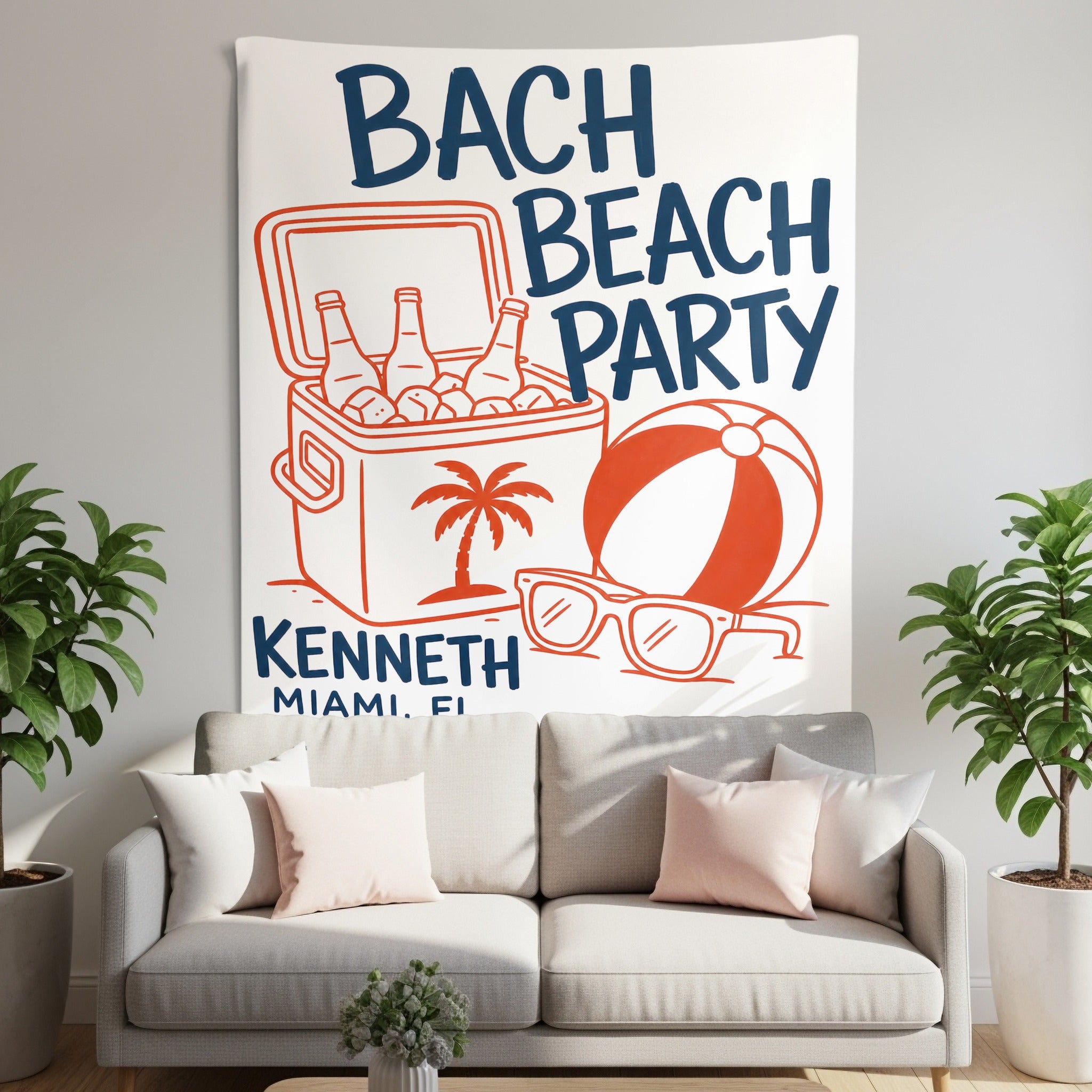 "Bach Beach Party" personalized tapestry with cooler, palm tree, beach ball, and sunglasses.