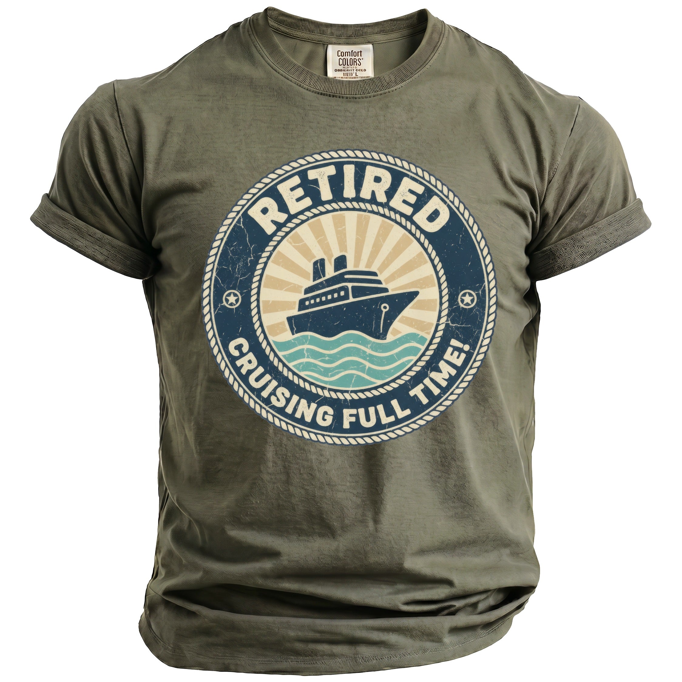 Green t-shirt with a graphic of a cruise ship and the text "RETIRED CRUISING FULL TIME!".