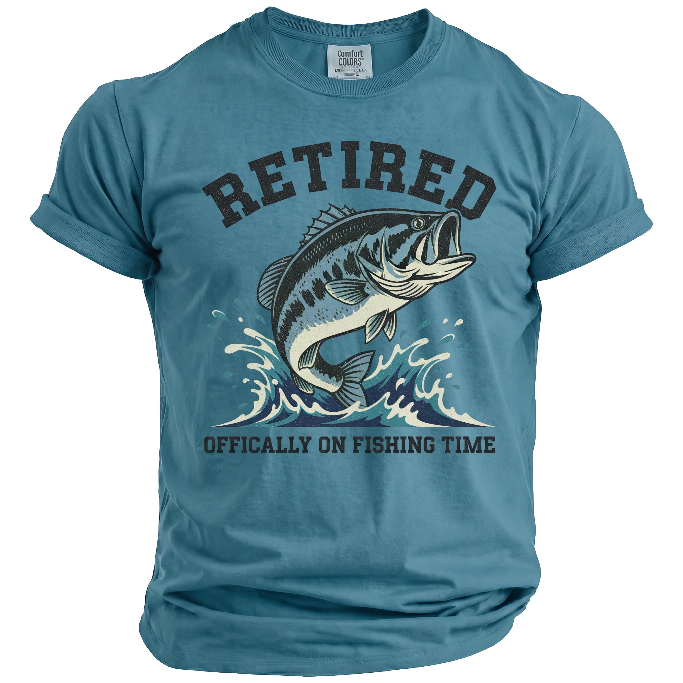 Teal t-shirt with bass jumping in water and text "RETIRED OFFİCALLY ON FISHİNG TİME".