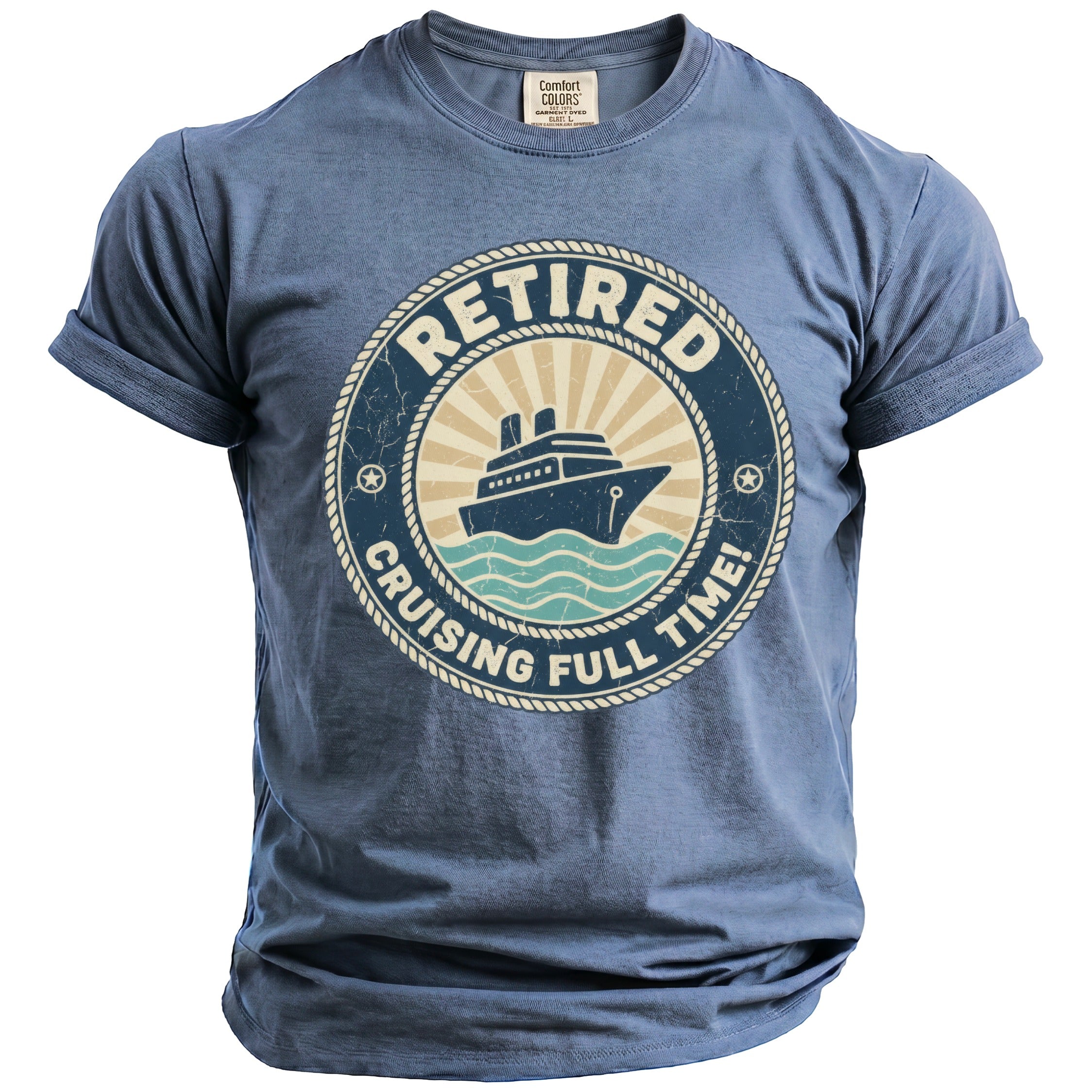 Blue t-shirt with "Retired Cruising Full Time!" and cruise ship graphic.
