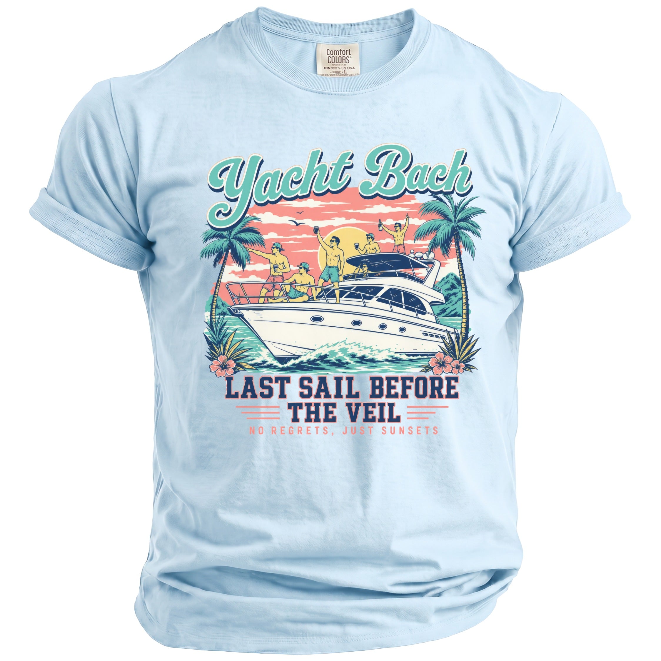 Light blue t-shirt featuring a retro graphic of men on a yacht with palm trees and sunset.