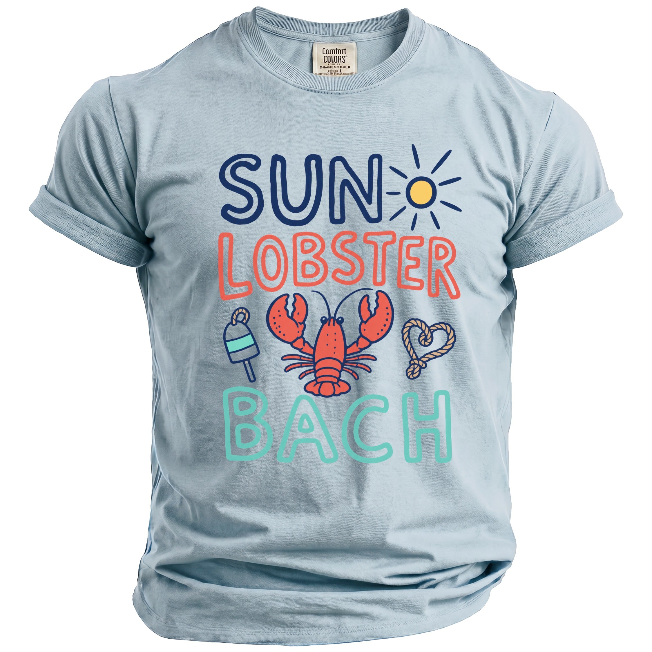 Light blue t-shirt with "SUN LOBSTER BACH" text, a lobster, and nautical graphics.