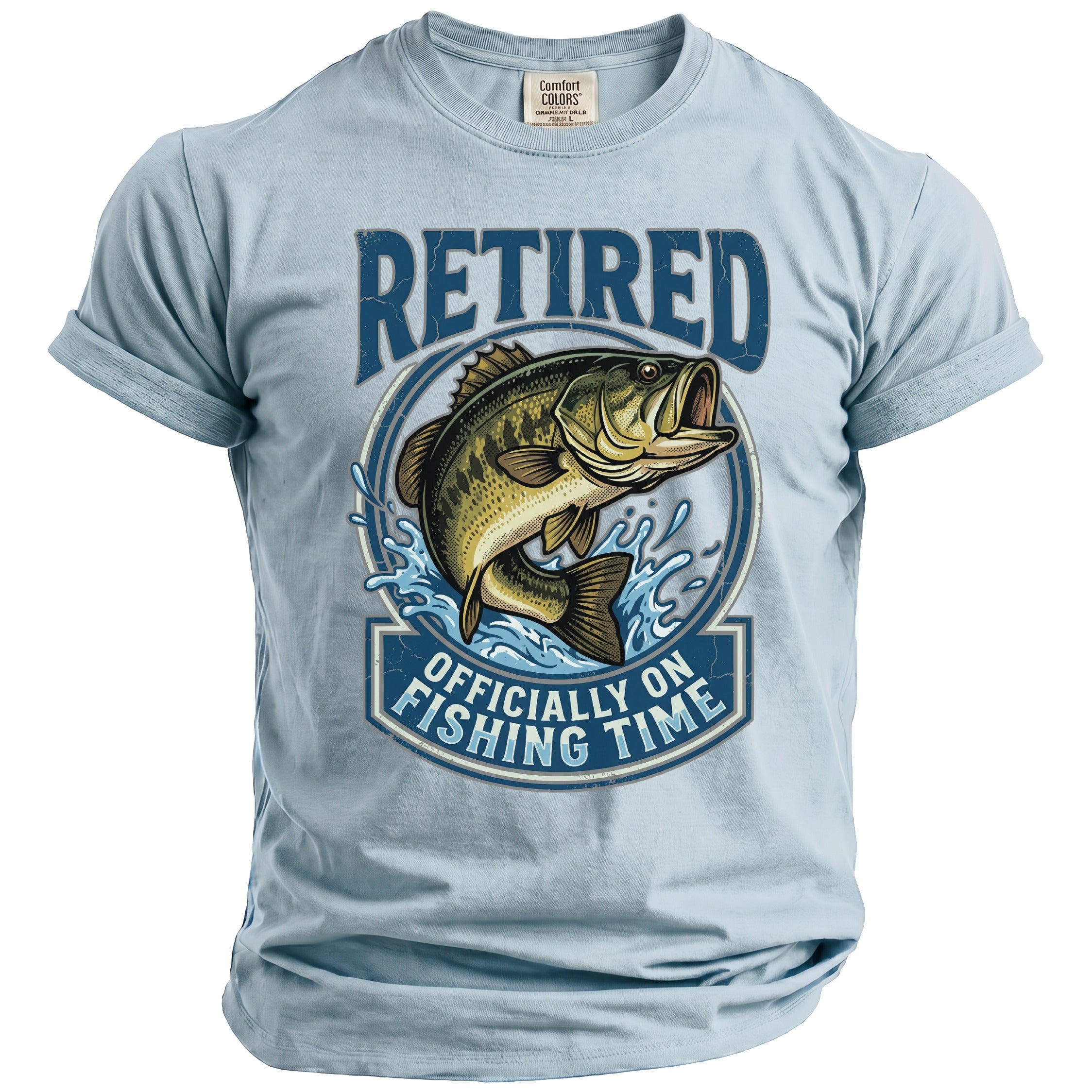 Light blue t-shirt with "Retired Officially On Fishing Time" and a jumping bass fish graphic.