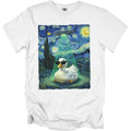 A duck in sunglasses sits in a spotlight from a UFO, inspired by Starry Night.
