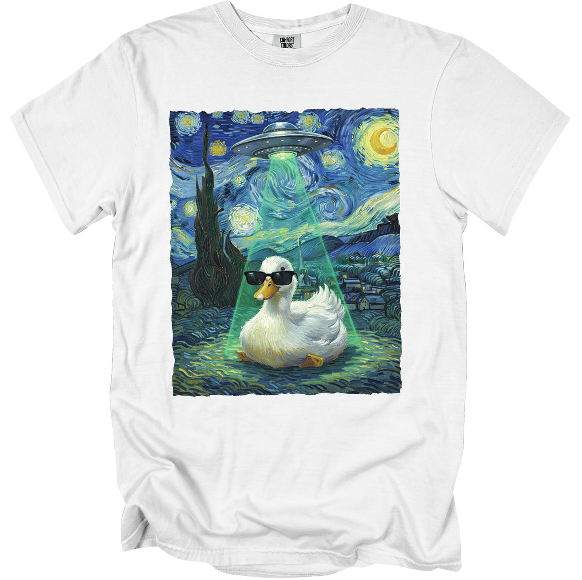A duck in sunglasses sits in a spotlight from a UFO, inspired by Starry Night.
