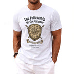 White t-shirt with "The Fellowship of the Groom" crest for Kenneth's Bach in Edinburgh.