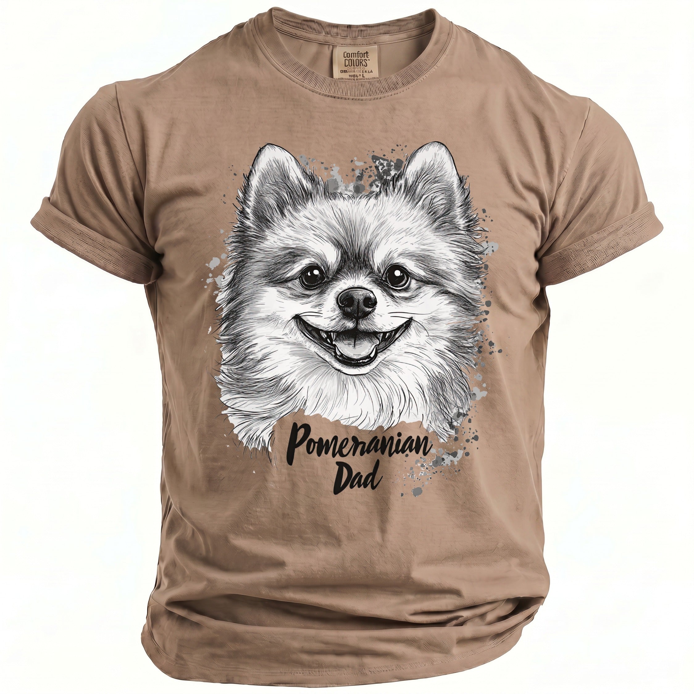 Brown t-shirt with a sketch of a smiling Pomeranian and the text "Pomeranian Dad".