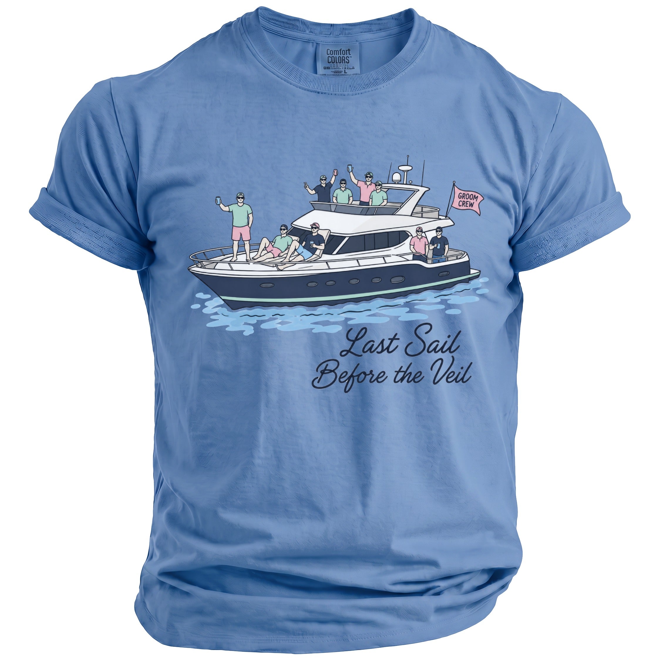 T-shirt graphic of "Groom Crew" on a yacht with text "Last Sail Before the Veil."