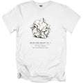 White t-shirt with ink drawing of crumpled paper and text.