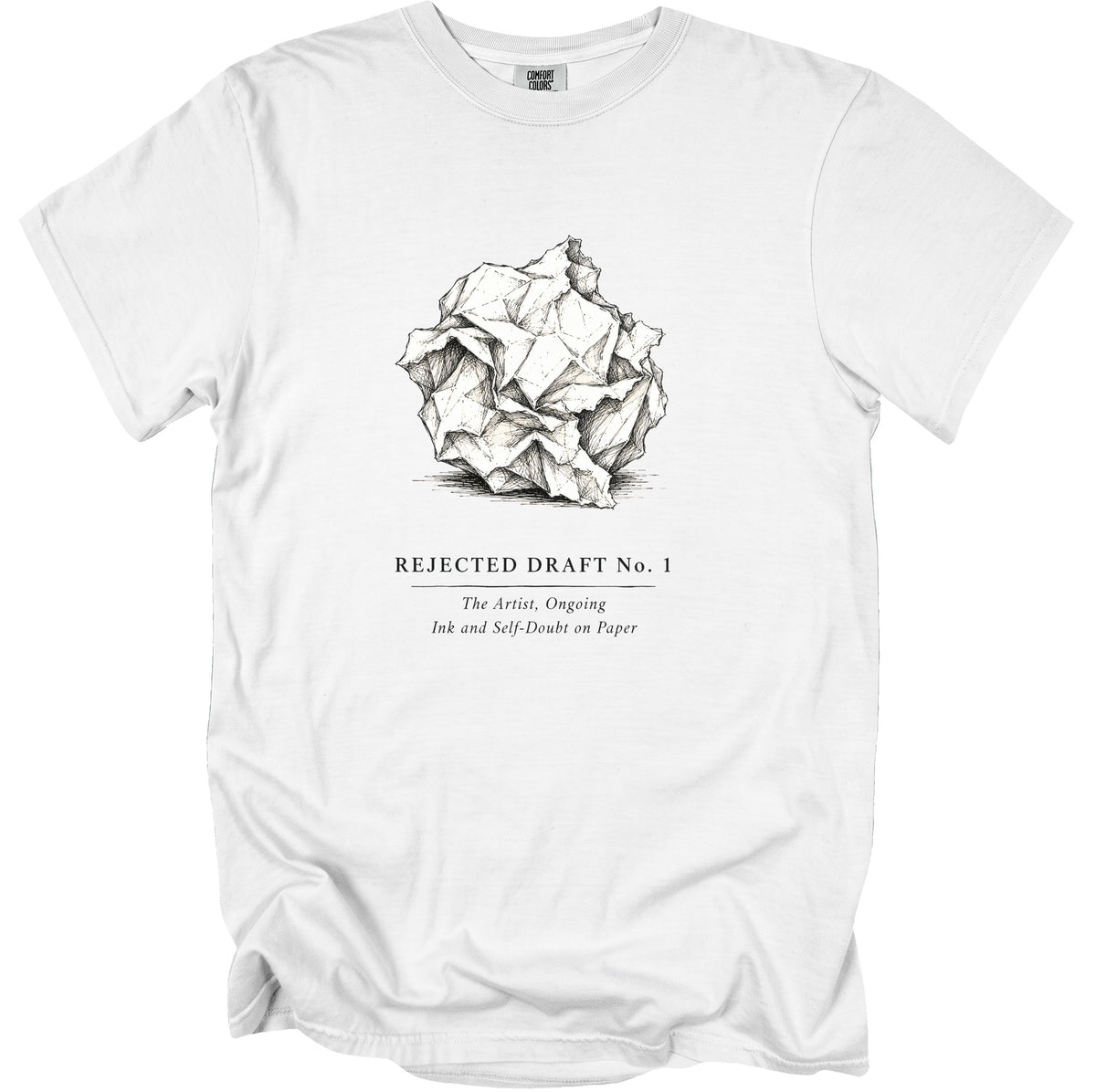 White t-shirt with ink drawing of crumpled paper and text.