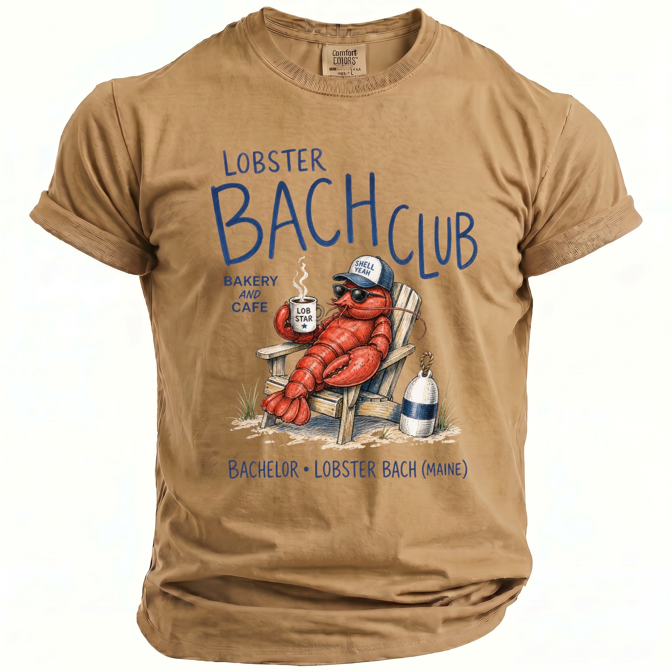 Tan t-shirt with graphic of lobster in beach chair, text "Lobster Bach Club".
